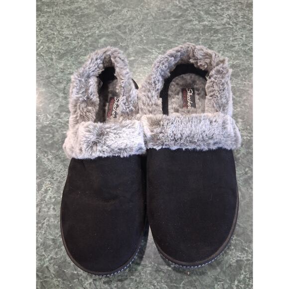 Skechers Plush Fuzzy Faux-Fur Slippers Black Grey Size 9 Super Soft House Shoes - Picture 2 of 9